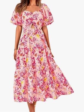 Floral Pink Tiered Midi Dress with Keyhole and Sweetheart Neck